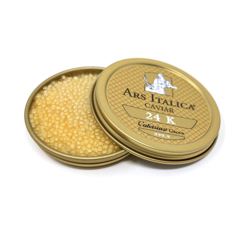 Caviar 24K Gold – New 10g Taster
A perfect golden bite. ✨
Crafted in Italy from rare albino sterlet sturgeon, once reserved for royalty. These delicate pearls shimmer in pale gold and offer a refined flavour—lightly salted, with hints of pine nuts and a clean, elegant finish. Ars Italica. The taste of pure luxury.

